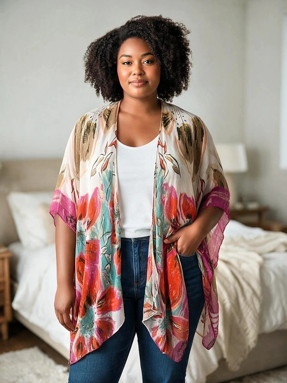 Catherines Abstract Kimono Tunic in Multicolor One Size